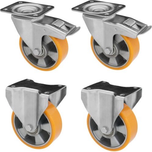 Koła z bieżnikiem poliuretanowym fi 160 mm - 2x skrętny z hamulcem 2x stały - KOMPLET