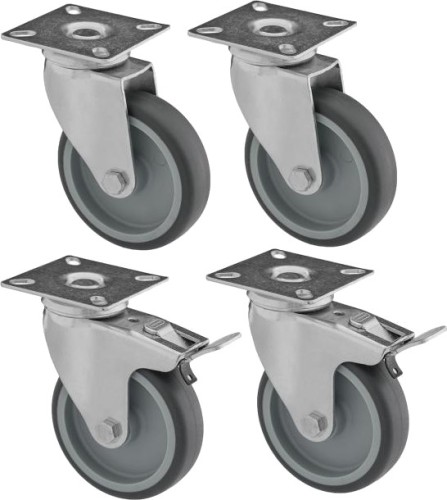 Koła z termoplastycznej gumy - fi 100 mm - 2x skrętne 2x skrętne z hamulcem - KOMPLET